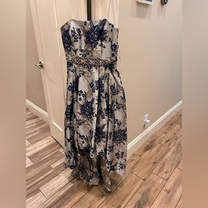 Light and dark blue dress. High to low. Embroidery. Built in bra. Size 6